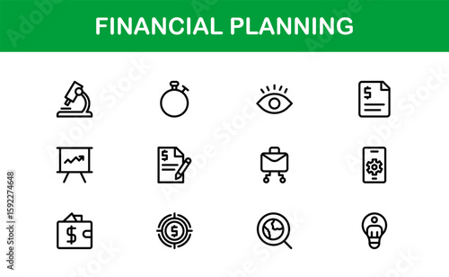 Financial Planning Line Icon Collection – Unique, creative, and premium outline icons featuring concepts of money management, finance, and economic planning