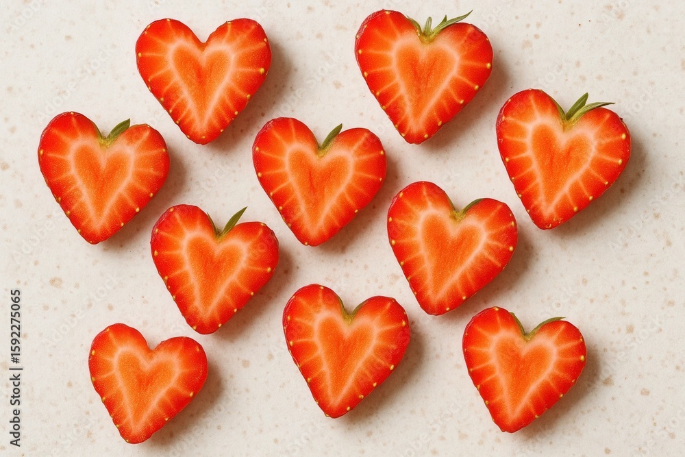 Obraz premium A delightful arrangement of heart-shaped strawberries on a white background, symbolizing love and affection