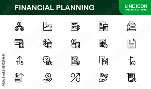 Financial Planning Line Icon Collection – Unique, creative, and premium outline icons featuring concepts of money management, finance, and economic planning