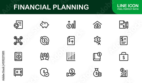 Financial Planning Line Icon Collection – Unique, creative, and premium outline icons featuring concepts of money management, finance, and economic planning