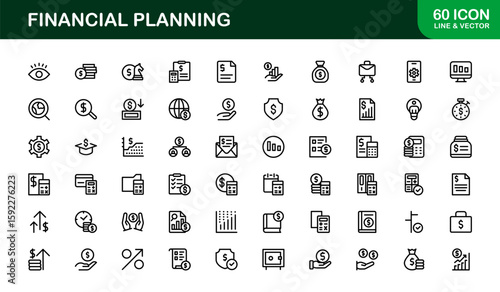 Financial Planning Line Icon Collection – Unique, creative, and premium outline icons featuring concepts of money management, finance, and economic planning