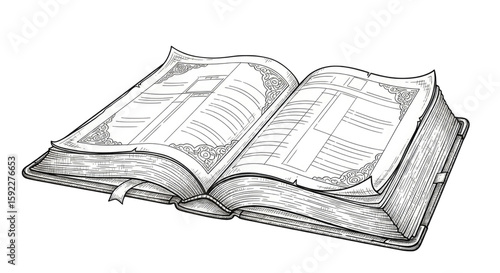 Open vintage book with detailed sketches and decorative elements cutout isolated on transparent bg, png