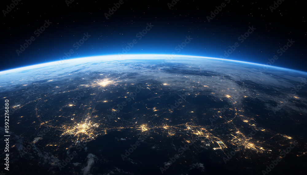 Obraz premium Nightly planet Earth in dark outer space. Civilization