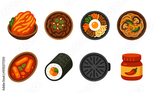 Various korean dishes illustrated in a series of colorful food icons