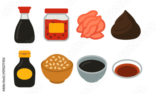 Illustrated asian condiments set with soy sauce, kimchi, and miso