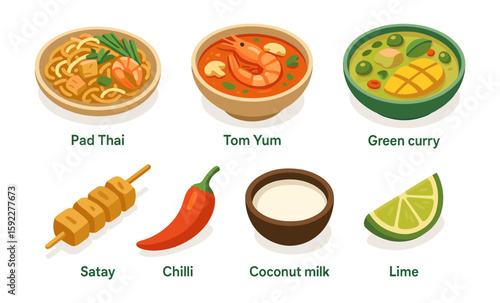 Traditional thai cuisine dishes and ingredients with pad thai and tom yum