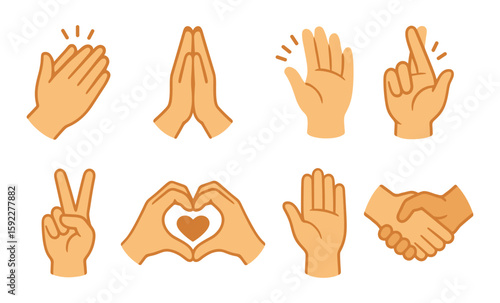 Illustrated hand gestures including clapping, praying, heart, and handshake symbols