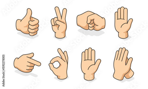 Cartoon hand gesture icons: thumbs up, peace sign, fist, raised palm, pointing, ok, stop, clap
