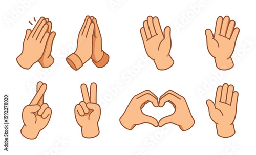 Illustrated hand gesture icons featuring various expressions and sign language symbols
