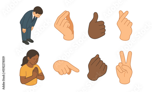 Diverse gestures and expressions: bows and hand signs across cultures