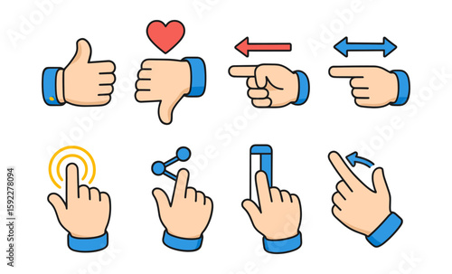 Set of hand gesture icons demonstrating various actions with arrows and symbols