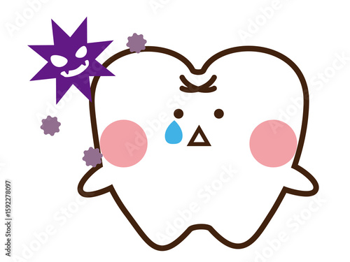 ばい菌と泣いているかわいい歯のマスコットキャラクター