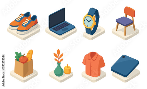 Collection of everyday items featuring shoes electronics watch chair grocery and more