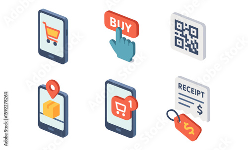 Isometric online shopping icons: cart, qr code, purchase, mobile notifications