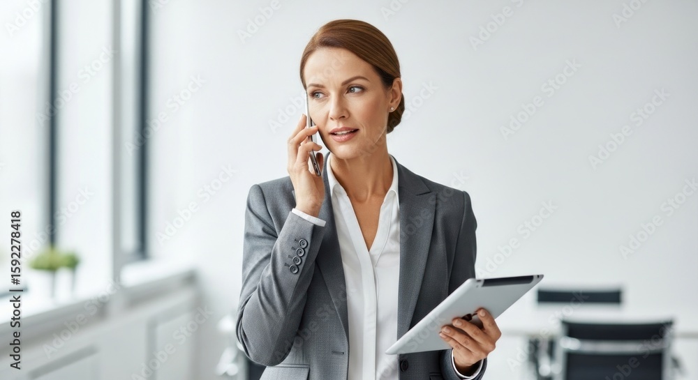 A businesswoman in a suit talking on a cell phone while holding a tablet. A businesswoman in a suit talking on a cell phone while holding a tablet.