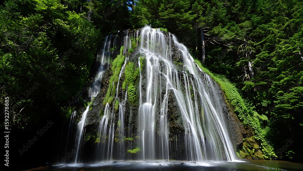 Fototapeta premium Cascading waterfall surrounded by lush green forest nature trees