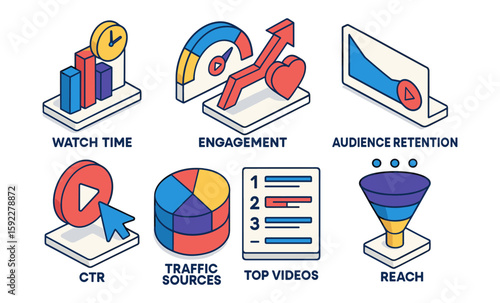 Illustrated metrics overview: engagement, audience retention, traffic sources, and more