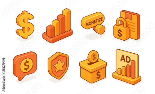 Isometric icons representing online monetization and financial growth strategies