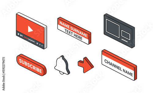 Online video creator assets with play button bell and subscribe graphics