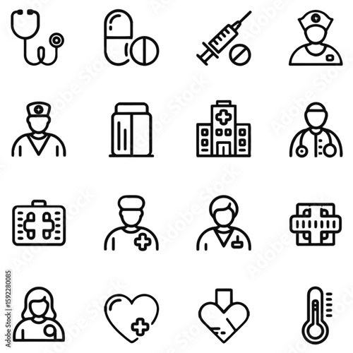 Editable vector icons for healthcare and medical services. Line art style symbols representing illness, hospital care, health insurance, treatment, symptoms, medicine bottle, and clinical support