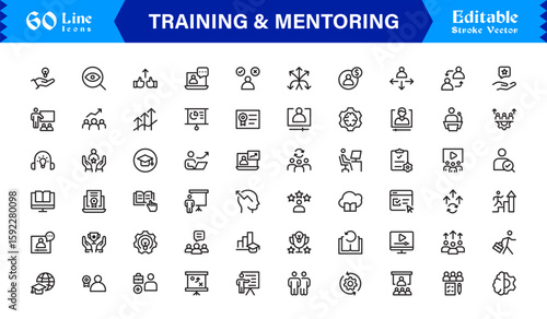 Training and Mentoring Symbols – Modern Professional Line Icon Pack with Unique Vector Style for Coaching, Teaching, and Leadership Themes