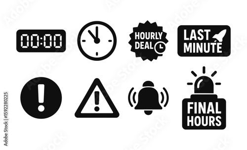 Urgent notification icons: clock, alert signs, last minute, final hours, hourly deal