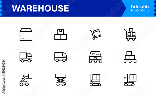 Warehouse and Storage Facility Icons – Modern Professional Line Icon Set Featuring Minimal Vector Design for Logistics and Inventory Management