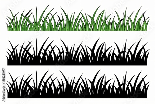 Green and black grass borders silhouette vector