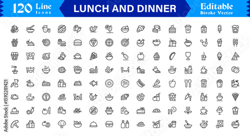 Lunch and Dinner Food Icons – Modern Professional Line Icon Set Featuring Minimal Vector Design for Culinary and Dining Concepts