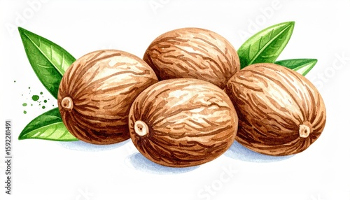 Watercolor illustration of nutmeg fruits