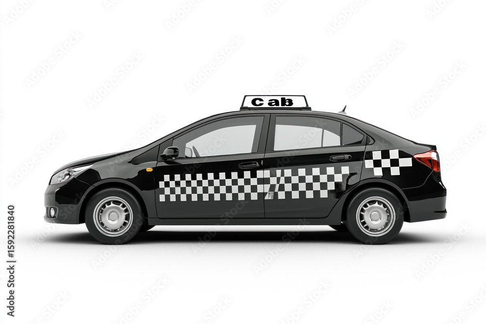 Fototapeta premium Realistic Taxi car isolated on white background. Urban Cab Car. Cab Vehicle icon. City Transport Car. Classic Urban Taxi. Realistic Taxi Car on white. Cab Design Element. Taxi isolated on white. 