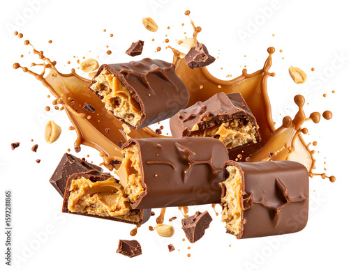 Single Chocolate Peanut Butter Candy Mid-Splash with Crumbs and Filling Explosion, Isolated PNG
