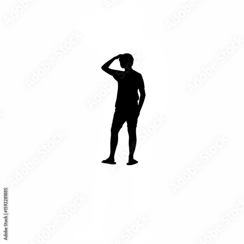 Silhouette of person standing with hand on hip and head turned away on white background