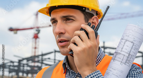 Engineer with Walkie-Talkie Holding Blueprint on Site