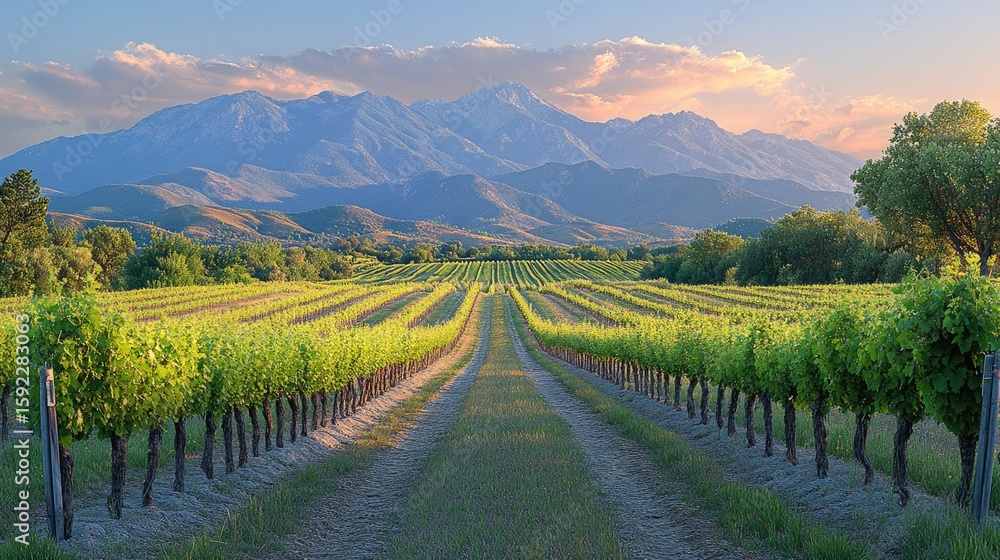 Fototapeta premium A field of tree saplings planted in perfect symmetry across rolling farmland with mountain backdrop