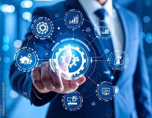 Businessman Touching Virtual AI Interface for Automation and Digital Transformation