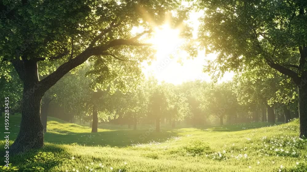 Serene Sunrise: Sunlit Forest Meadow, Peaceful Nature Scene Serene Sunrise: Sunlit Forest Meadow, Peaceful Nature Scene