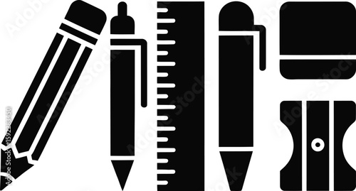 Essential stationery items arranged in a flat lay include pencil, pen, ruler, eraser and sharpener for student success.
