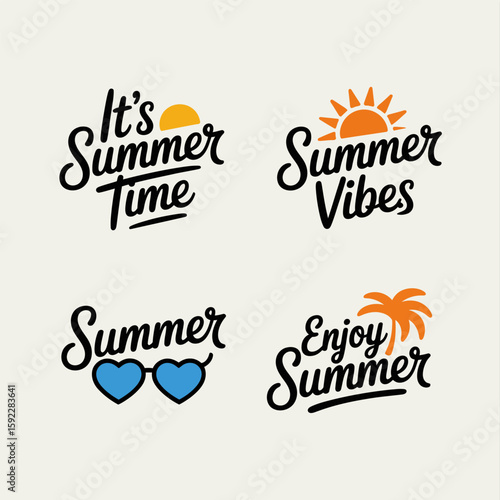 Summer phrase set with enjoy summer, summer time and hearts, designed for stickers, planners or typographic printable bundles  