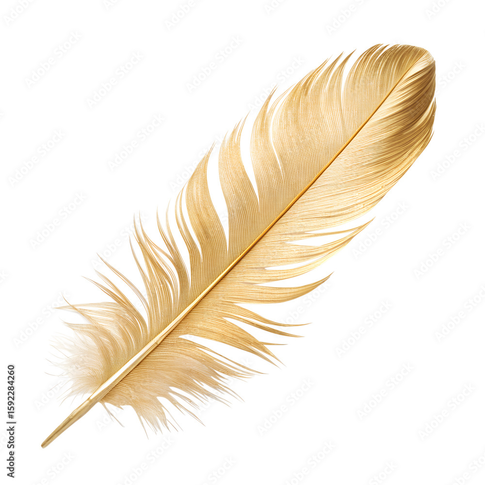 Fototapeta premium A vibrant golden feather with intricate details is beautifully isolated, showcasing its natural elegance on a transparent background. Transparent, PNG, isolated.