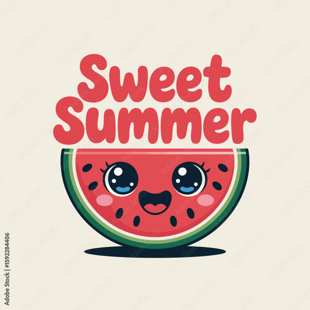 Obraz premium Kawaii watermelon face with cheeks and smile, sweet summer text above, perfect for sticker, tshirt or summer label design 
