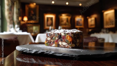 Slice of traditional fruit bread or cake with nuts and dried fruits on a dark surface.
