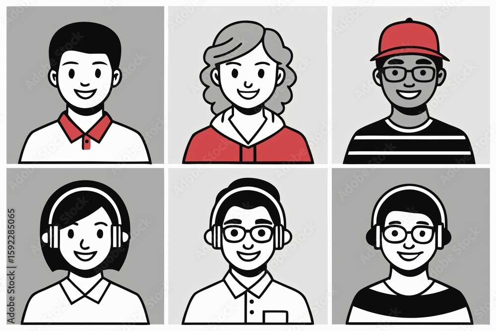 Fototapeta premium Diverse stylized avatars in a grid people minimalist