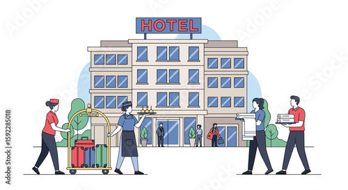 Hotel guests arriving and departing with luggage and service staff assisting them efficiently