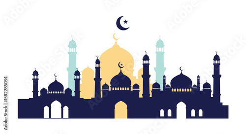 Beautiful islamic architecture featuring mosques and minarets under a crescent moon and star