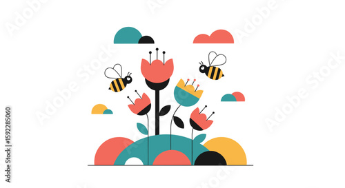 Vibrant meadow scene with buzzing bees and blooming flowers in geometric abstract style