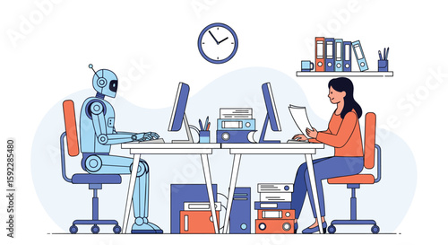 Artificial intelligence collaborating with human worker in modern office environment for increased productivity