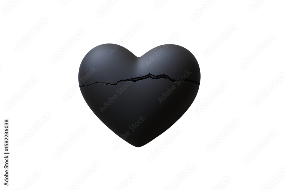 Fototapeta premium A matte black heart with a prominent crack down the center, isolated on a transparent background