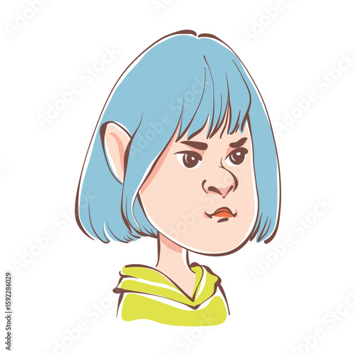 Child girl avatar. Cute portrait of a kid girl with blue hair and a serious face. User profile of a schoolgirl. Hand drawn female kid face for school website user profile, social media, stickers.