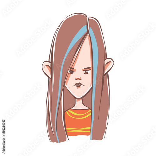 Child girl avatar. Cute little girl introvert portrait with long brown hair and a worried expression on her face. Illustration of a girl kid face for school website user profile, social media, sticker